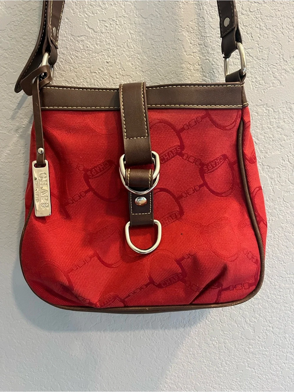 Chaps Red Shoulder Bag with Brown Trim and Buckle Detail